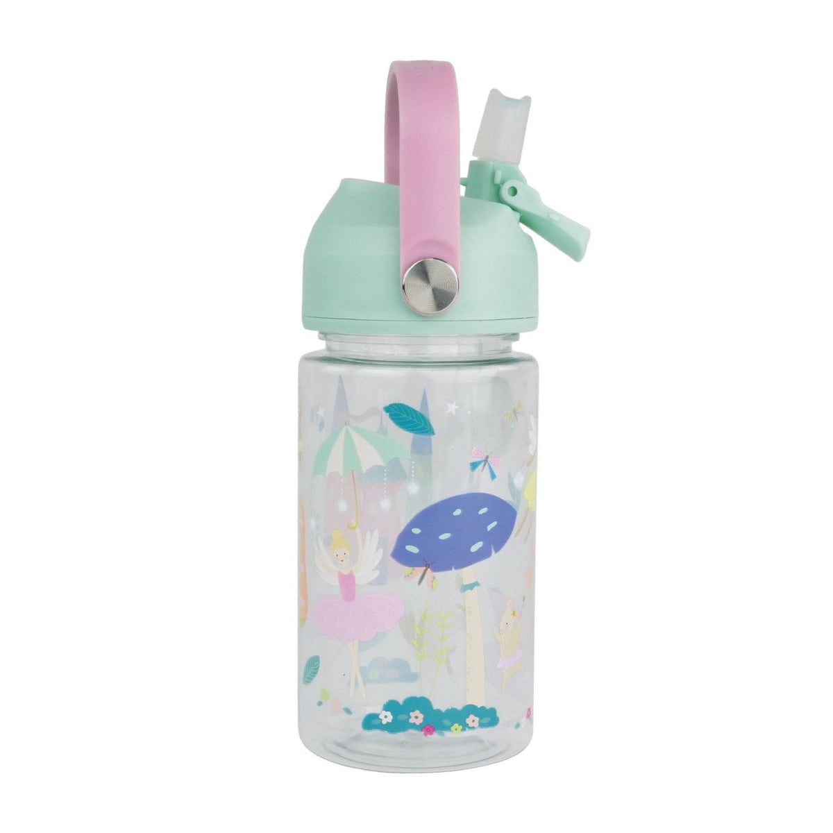Children's water bottle with colorful enchanted fairy design and pink handle 