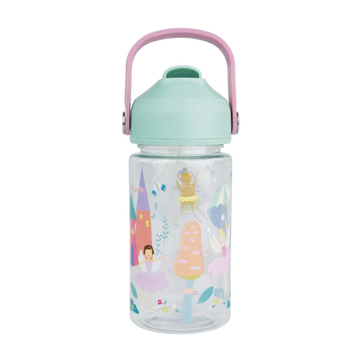 Children's water bottle with an enchanted fairy tale design and pink handle 