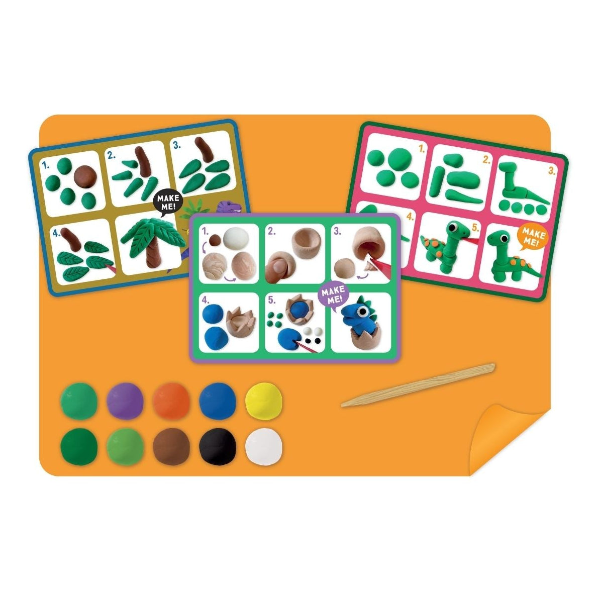 A close-up of a double-sided instruction card showing simple, numbered steps to sculpt a dinosaur and characters