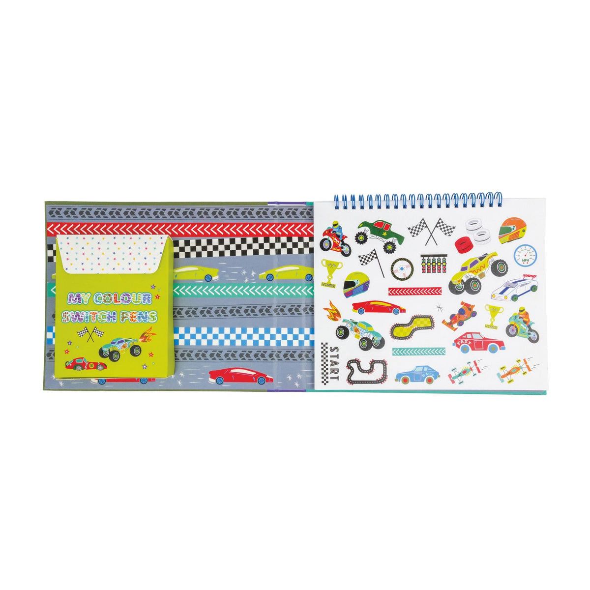 A colorful package containing art supplies including a magic white pen, colored pens, doodle pages, color-in pages, lined pages, and sticker pages, themed around cars.
