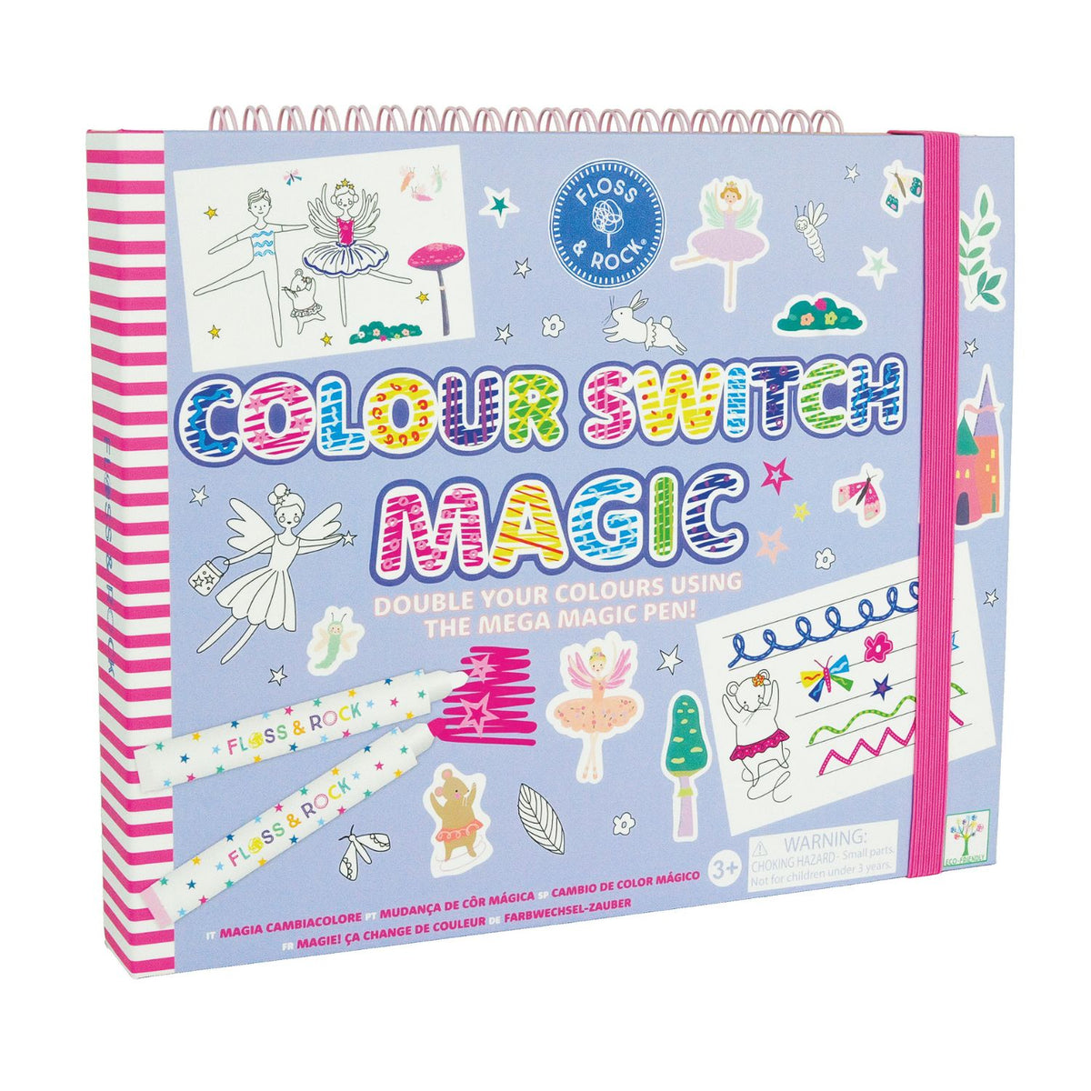 A colorful art and craft activity book titled 'Colour Switch Magic' featuring illustrations of fairies and various craft elements, with a magic white pen included.