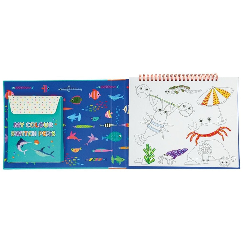 Coloring book with ocean animal illustrations on a white background