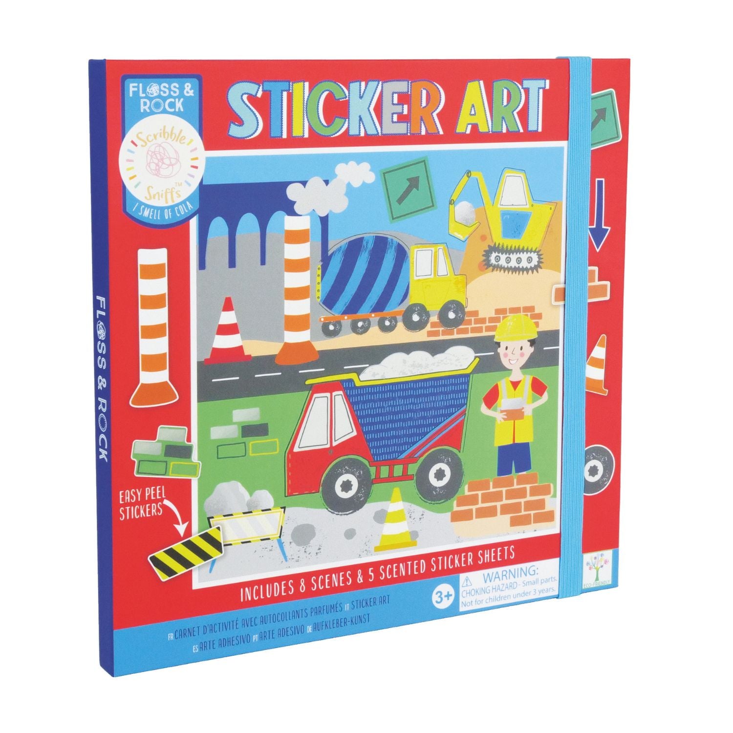 A sticker art book with a construction theme, featuring various colorful illustrations of construction vehicles and characters.