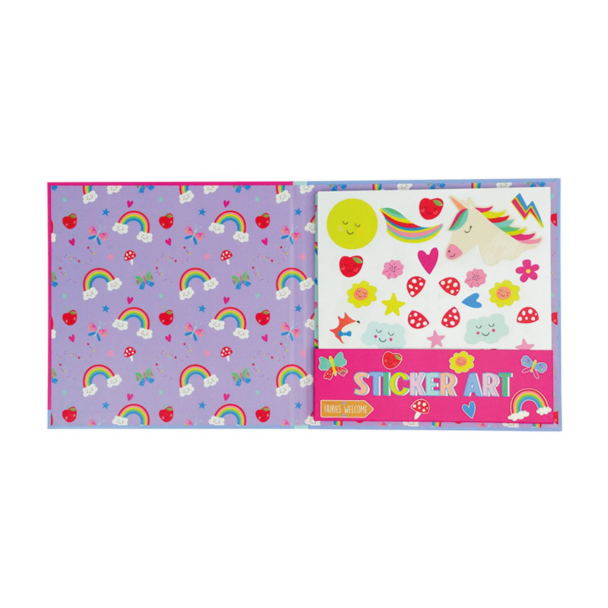 Sticker book with colorful designs on a white background
