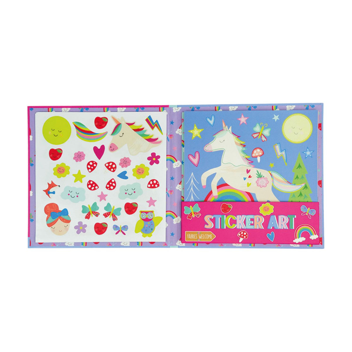 Two sticker books with unicorn designs on a white background