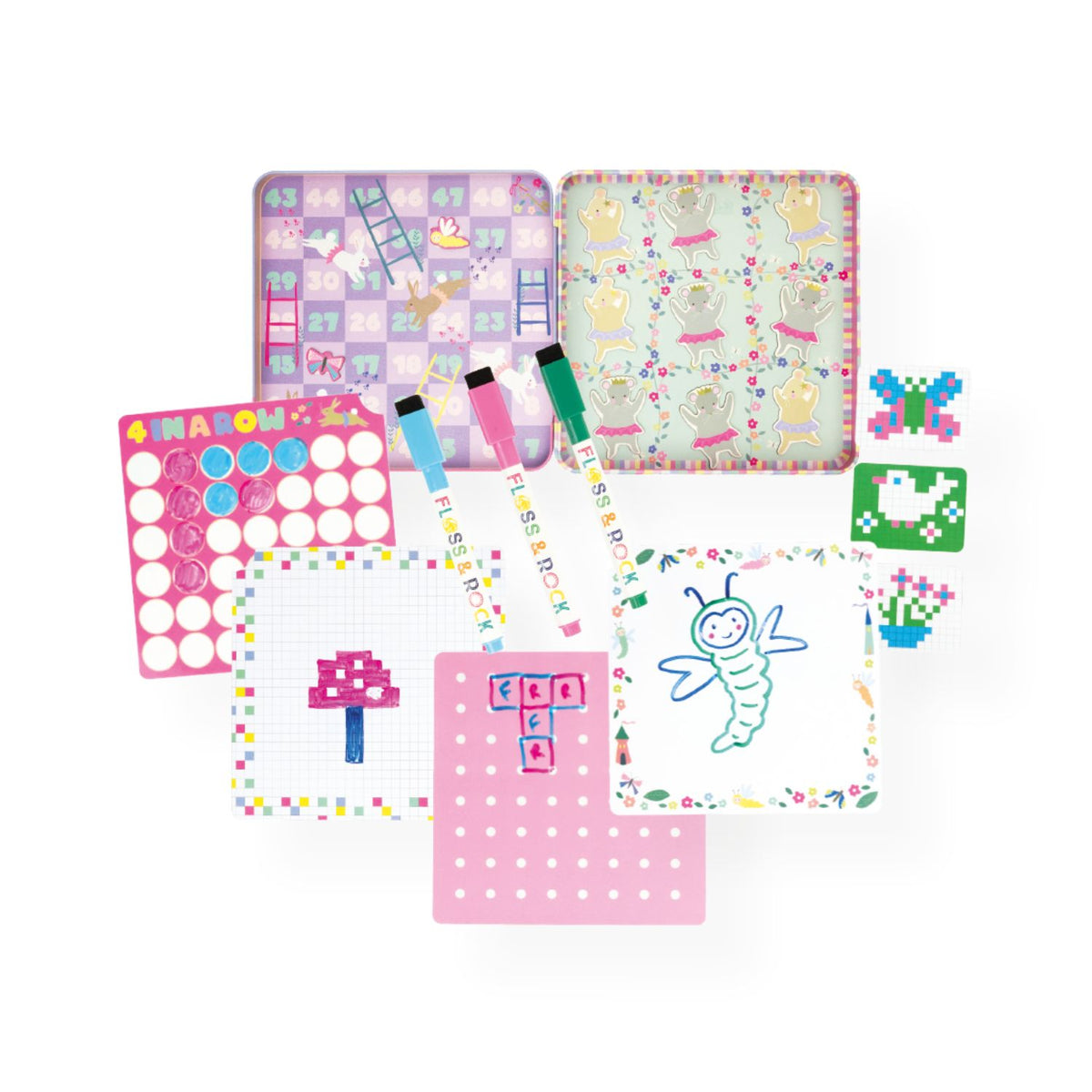 Set of 6 children's activity boards with colorful designs on a white background