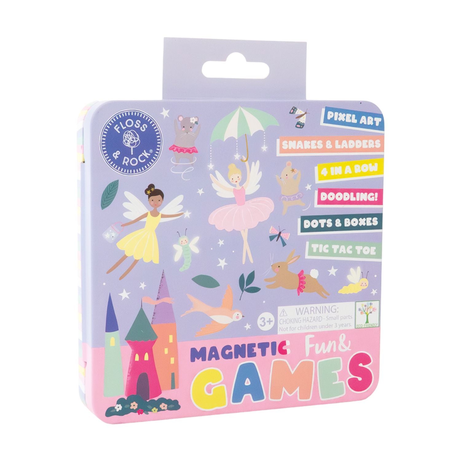 Packaging of Floss & Rock magnetic games tin with fairy and castle illustrations on a white background