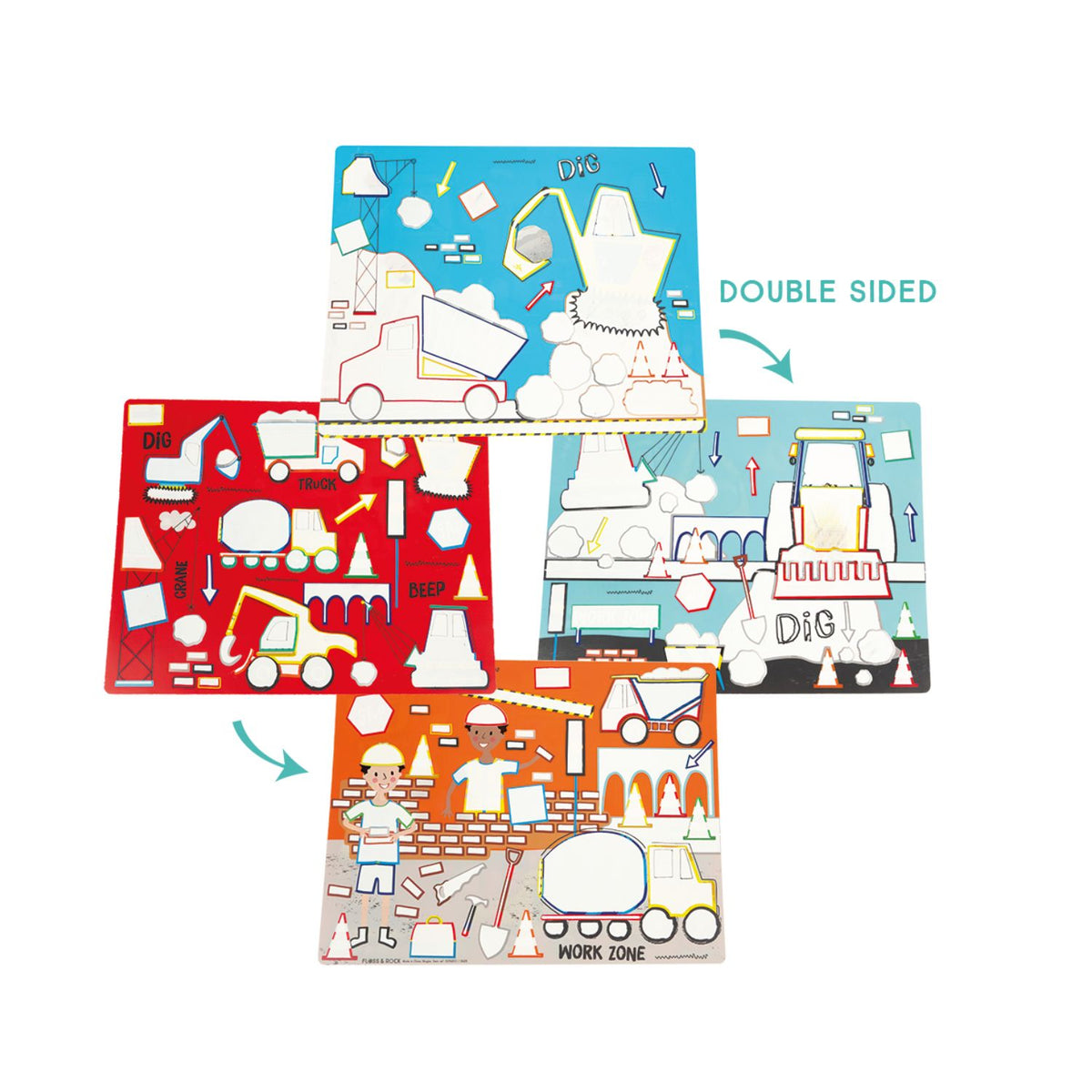 Double-sided children's activity mat with construction and chef designs
