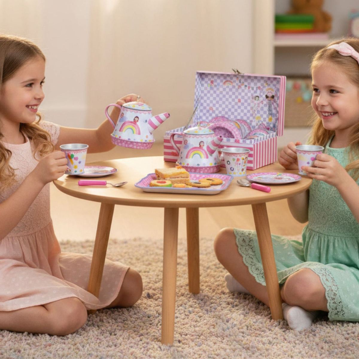 Two young girls playing with a toy tea set at a small wooden table. The tea set carry case being held by a child, demonstrating the portable size and how easily it can be transported for playdates or outings.