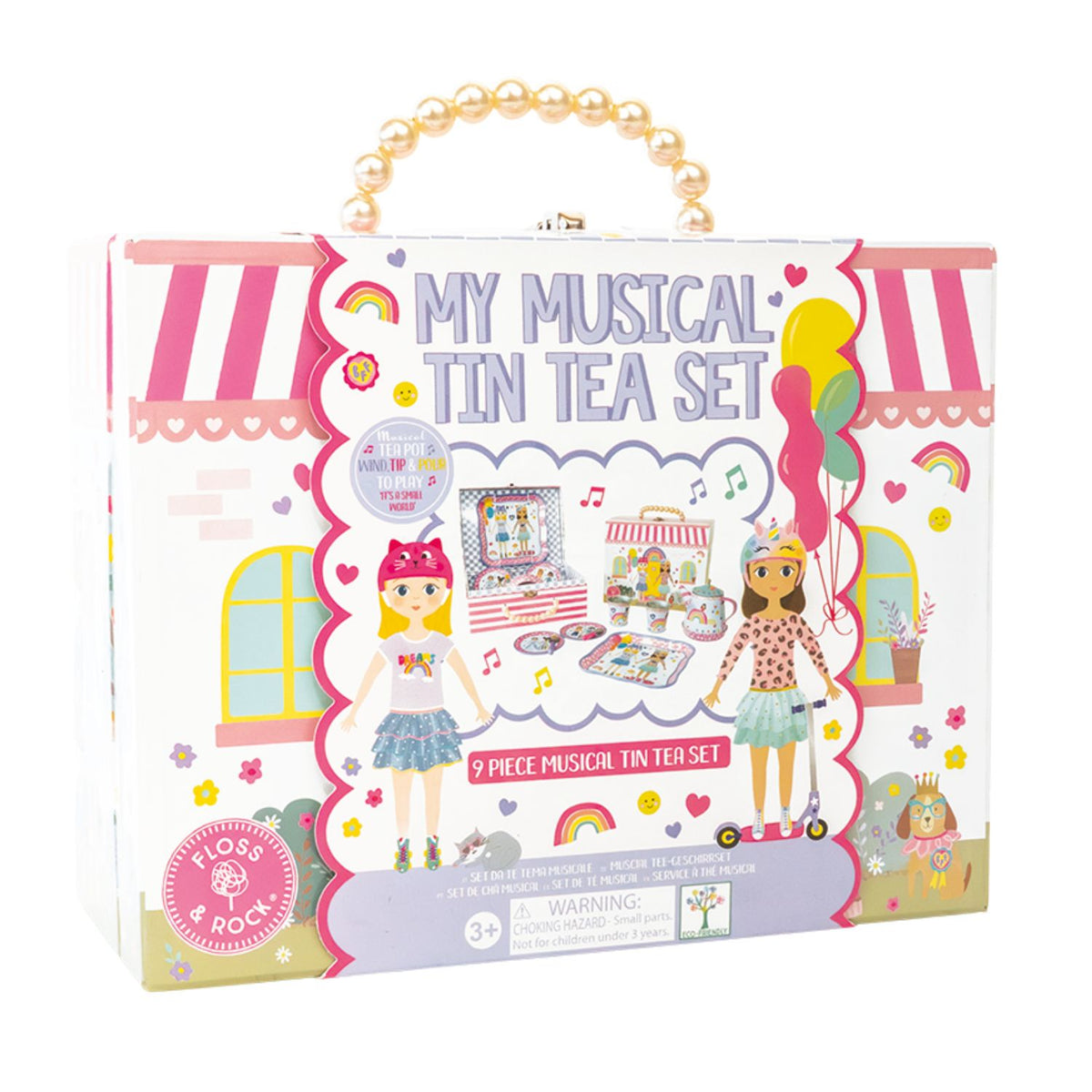 Packaging of boxed toy set for a musical tin tea party with colorful graphics and text.
