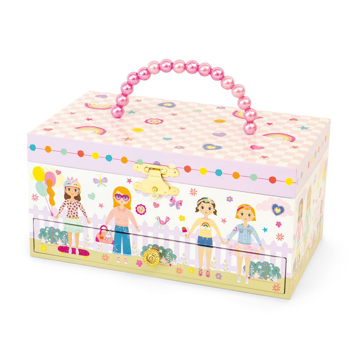 Celebrate friendship with this "Best Friends" musical jewellery box. Features a pearl carry handle, shiny foil details, and a dancing doll that twirls to "You've Got a Friend in Me."