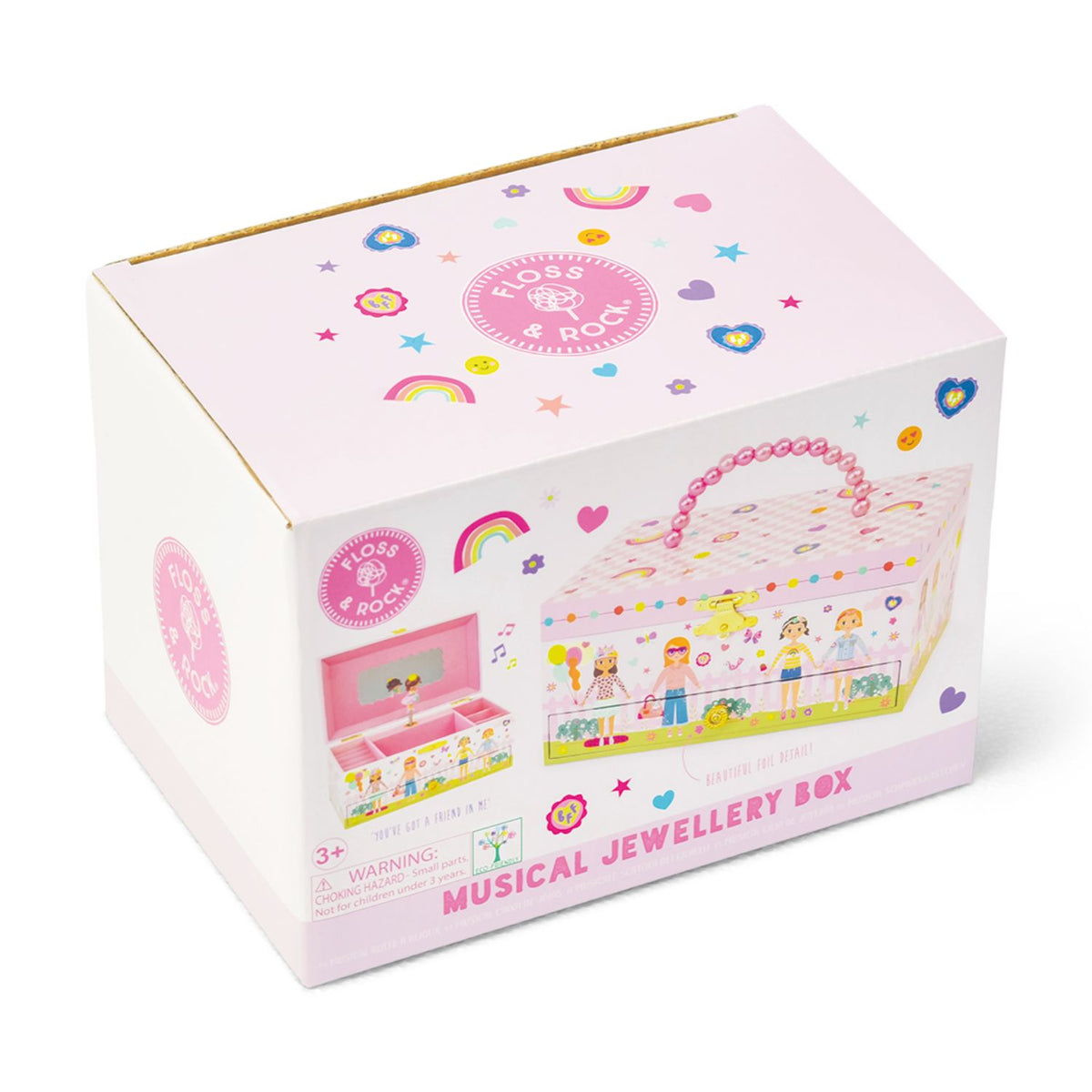 The colourful, biodegradable gift box for the Best Friends jewellery box, highlighting the eco-friendly materials and soy ink printing.