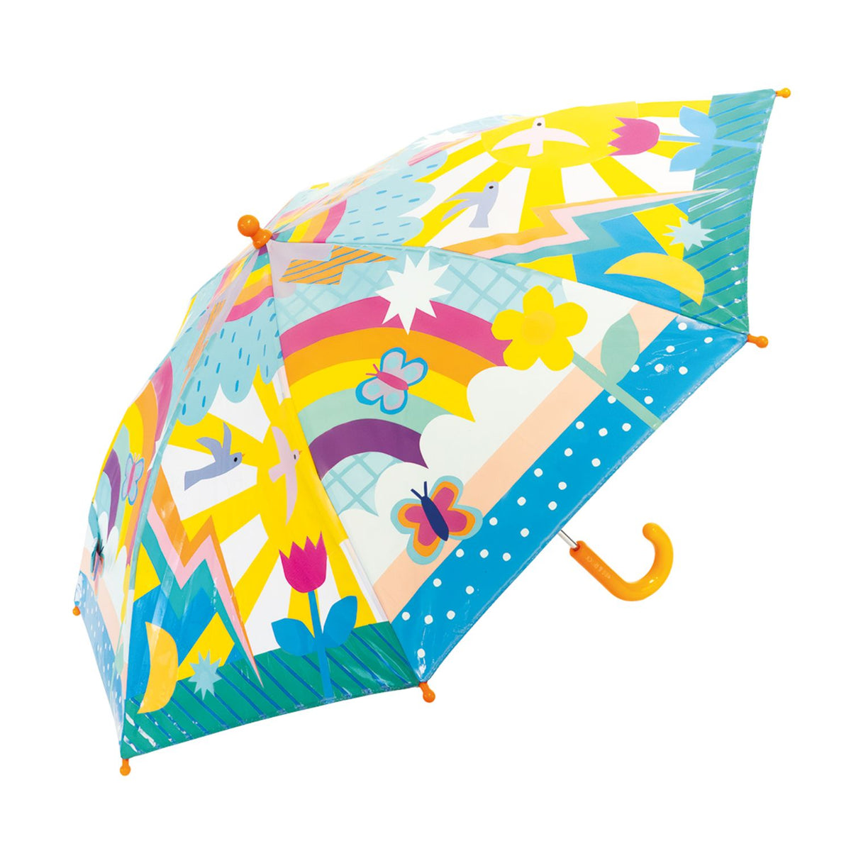 Colorful children's umbrella with rainbow and butterfly patterns