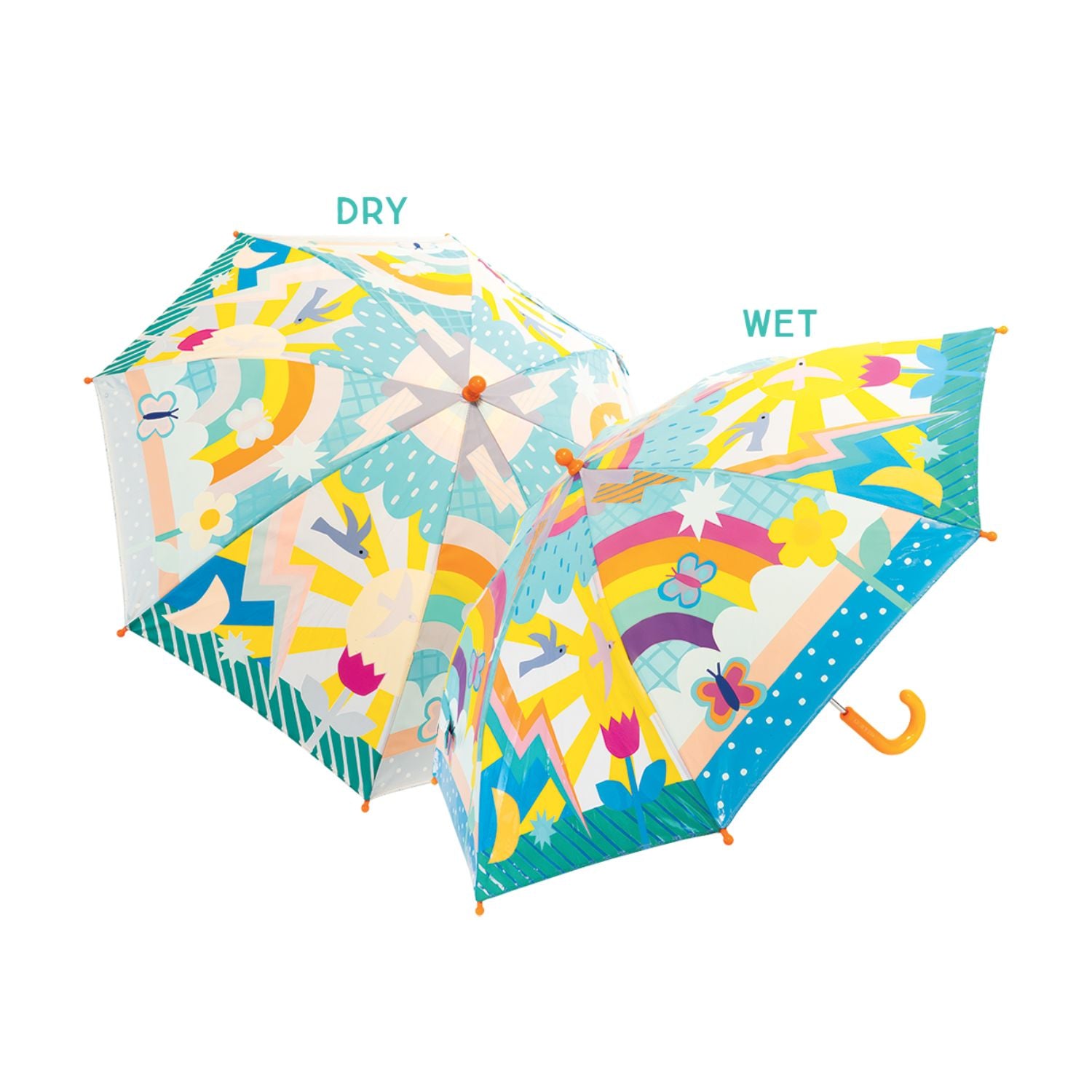Childrens colorful colour changing rainbow umbrellas showing when dry and wet