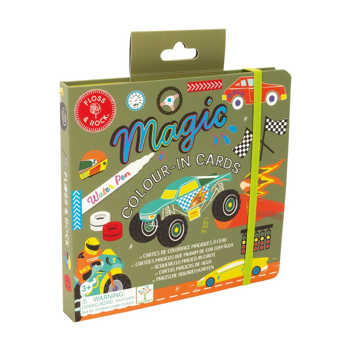 The compact deck of 10 water colouring cards held together, demonstrating how easily they fit into a backpack or plane seat pocket for travel.