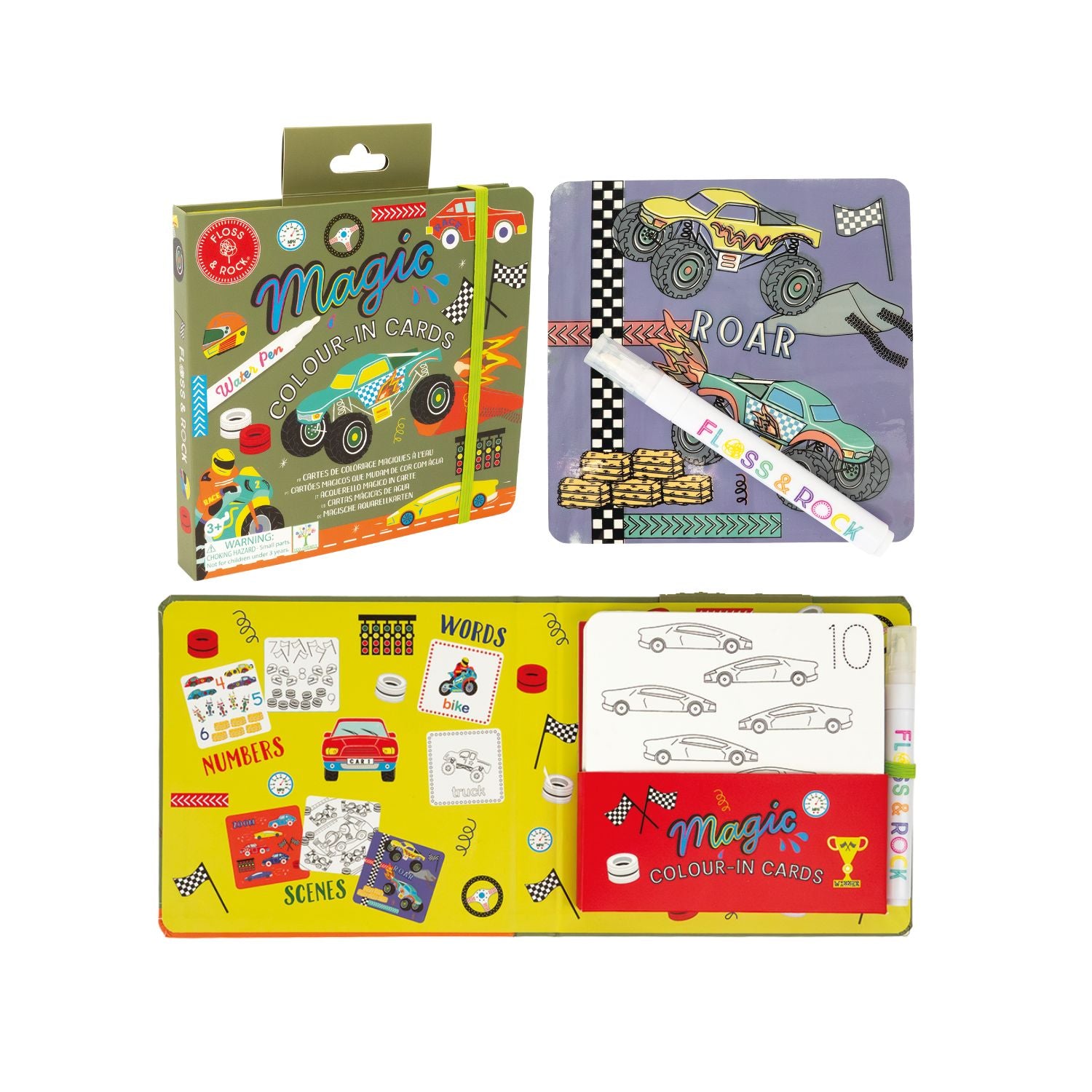 Children's coloring book with car-themed pages and a marker, displayed with packaging.