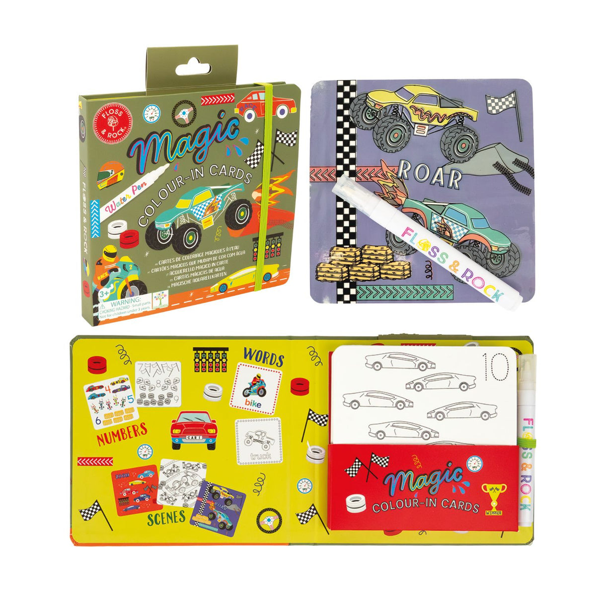 Children's coloring book with car-themed pages and a marker, displayed with packaging.