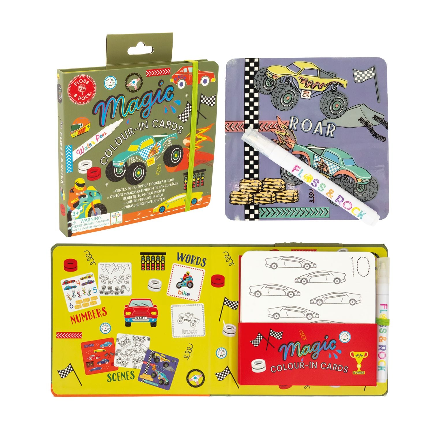 Children's coloring book with car-themed pages and a marker, displayed with packaging.