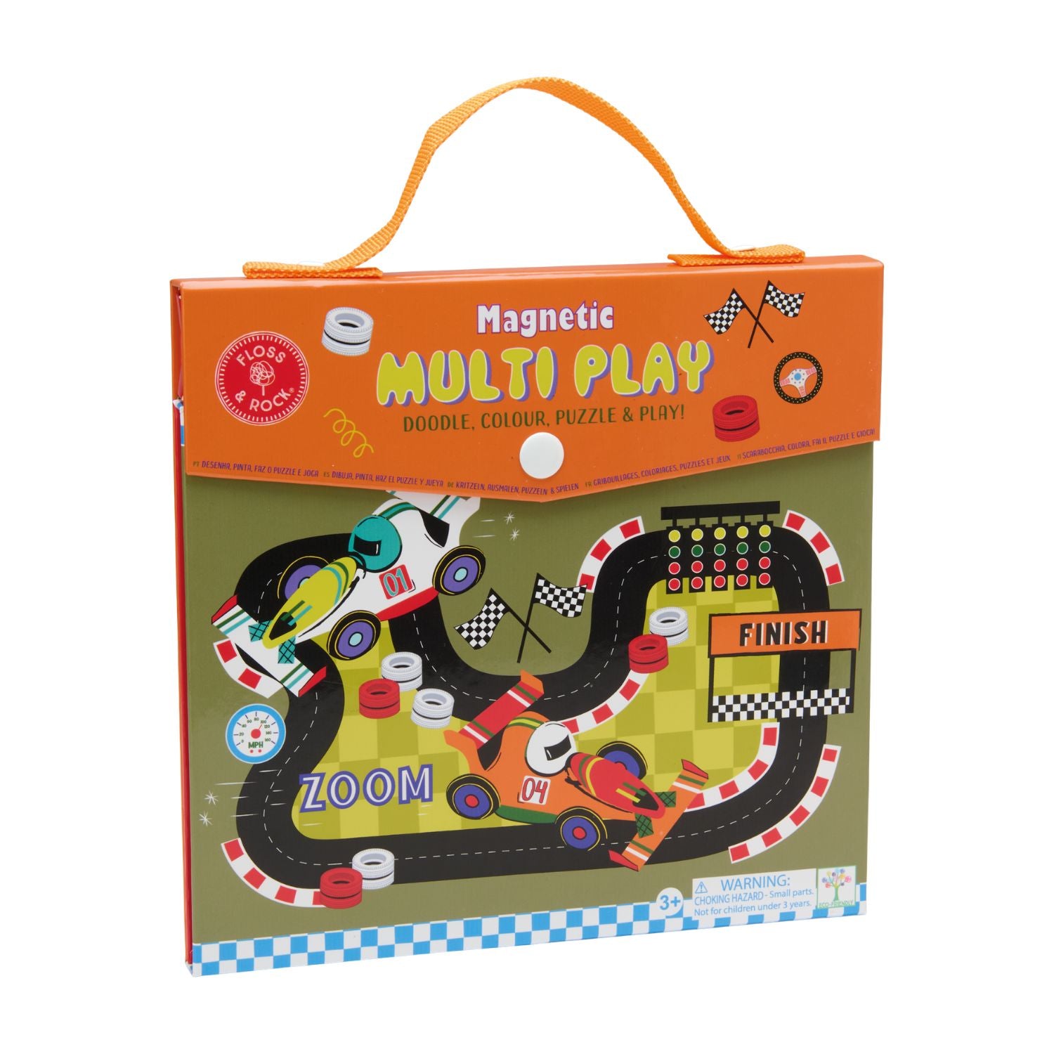 A 4-in-1 Magnetic Multi Play Cars activity set opened flat to show the 20-piece magnetic puzzle, doodle board, and pop-out car play pieces.
