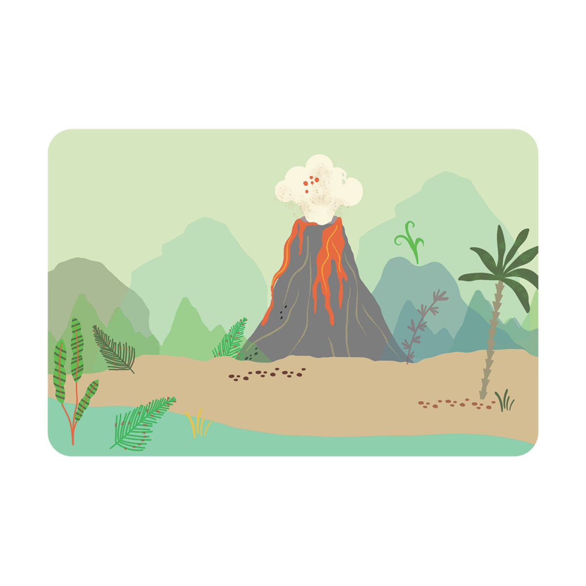 Illustration of a volcano erupting with mountains and plants in the background