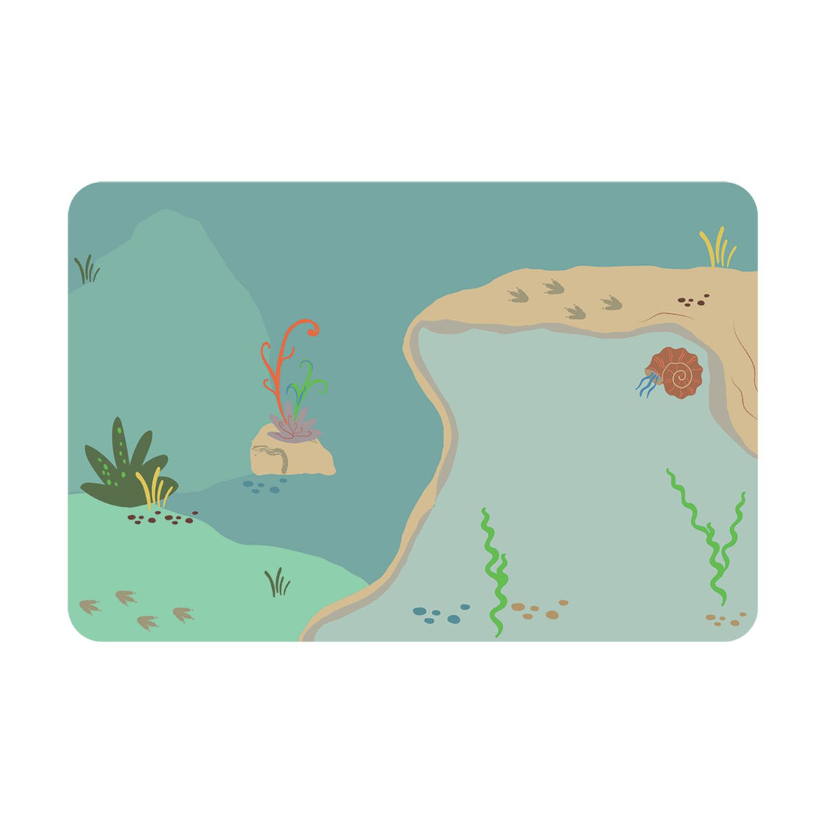 Illustration of a natural landscape with water, rocks, and plants