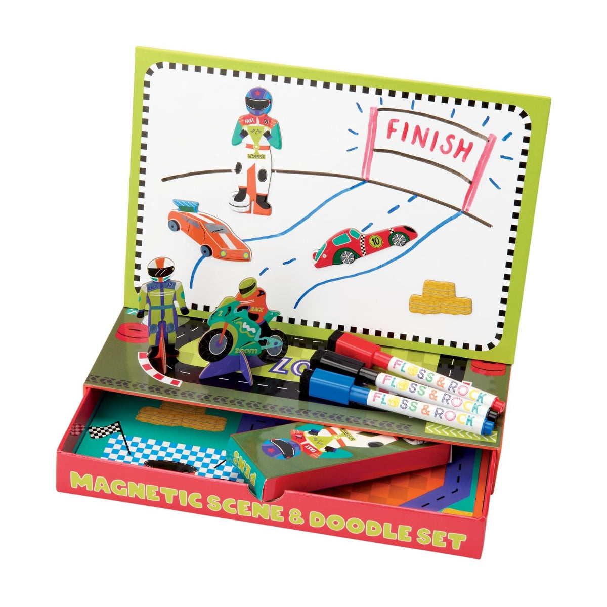 The Floss & Rock Enchanted Magnetic Scene & Doodle Set opened to reveal a colourful backdrop, various cars character magnets, and three dry-wipe pens.