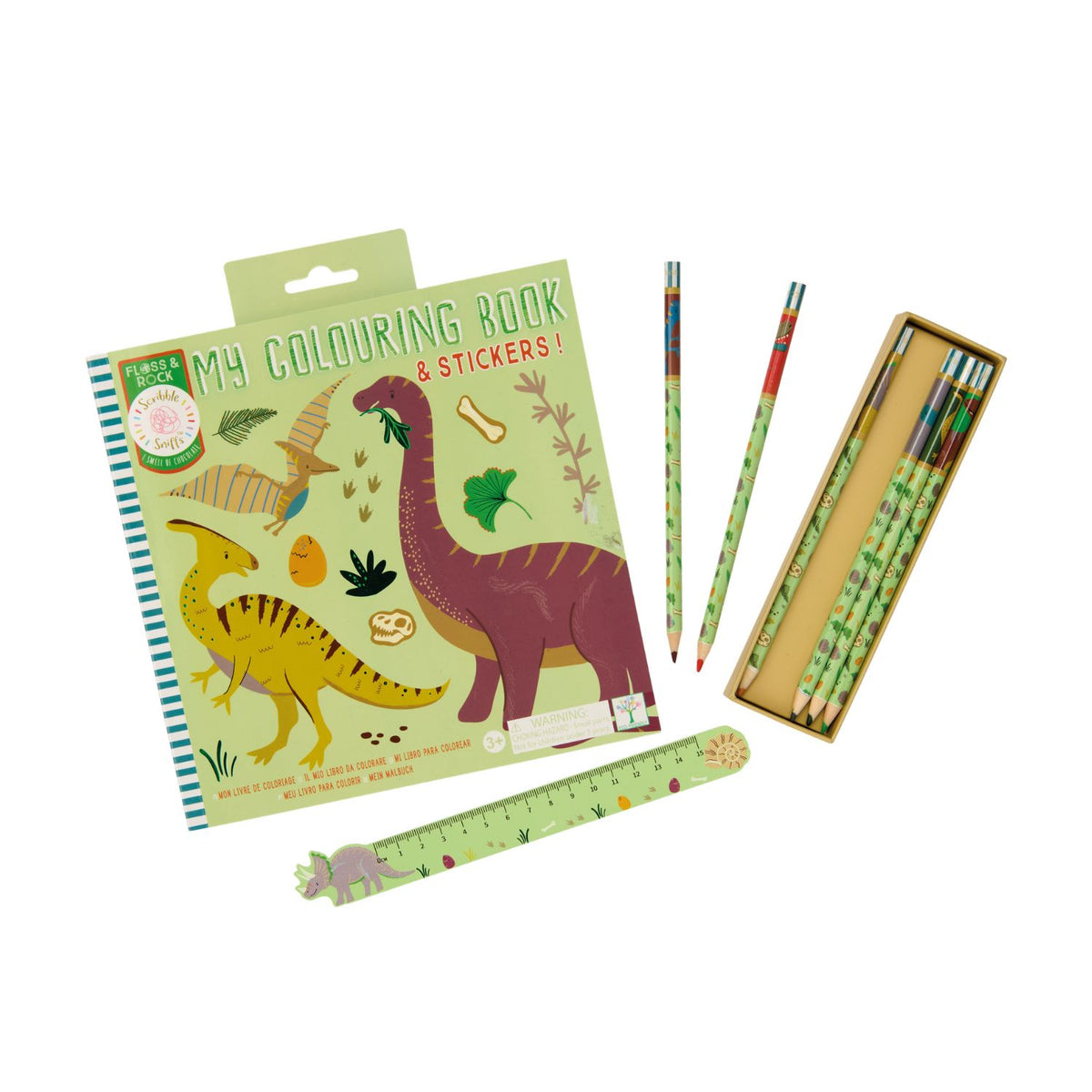 A Scribble Sniff Colouring Book featuring a dinosaur themed cover with a "Scratch and Sniff" icon, 12 internal pages, and a colourful sticker sheet.