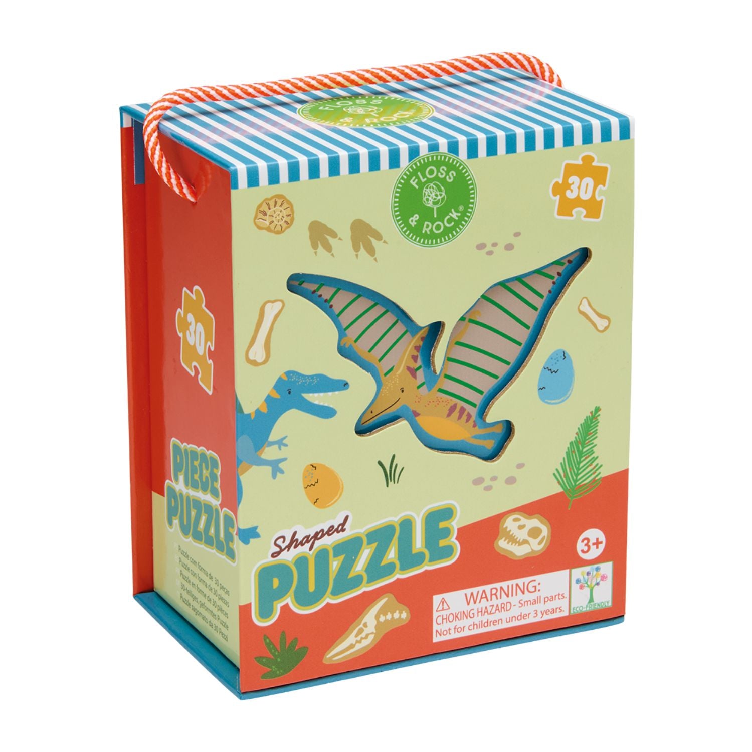 The ultimate travel toy for dino fans. This 30-piece prehistoric puzzle comes in a magnetic box with a sturdy carry handle. Perfect for car rides, cafés, and holidays.