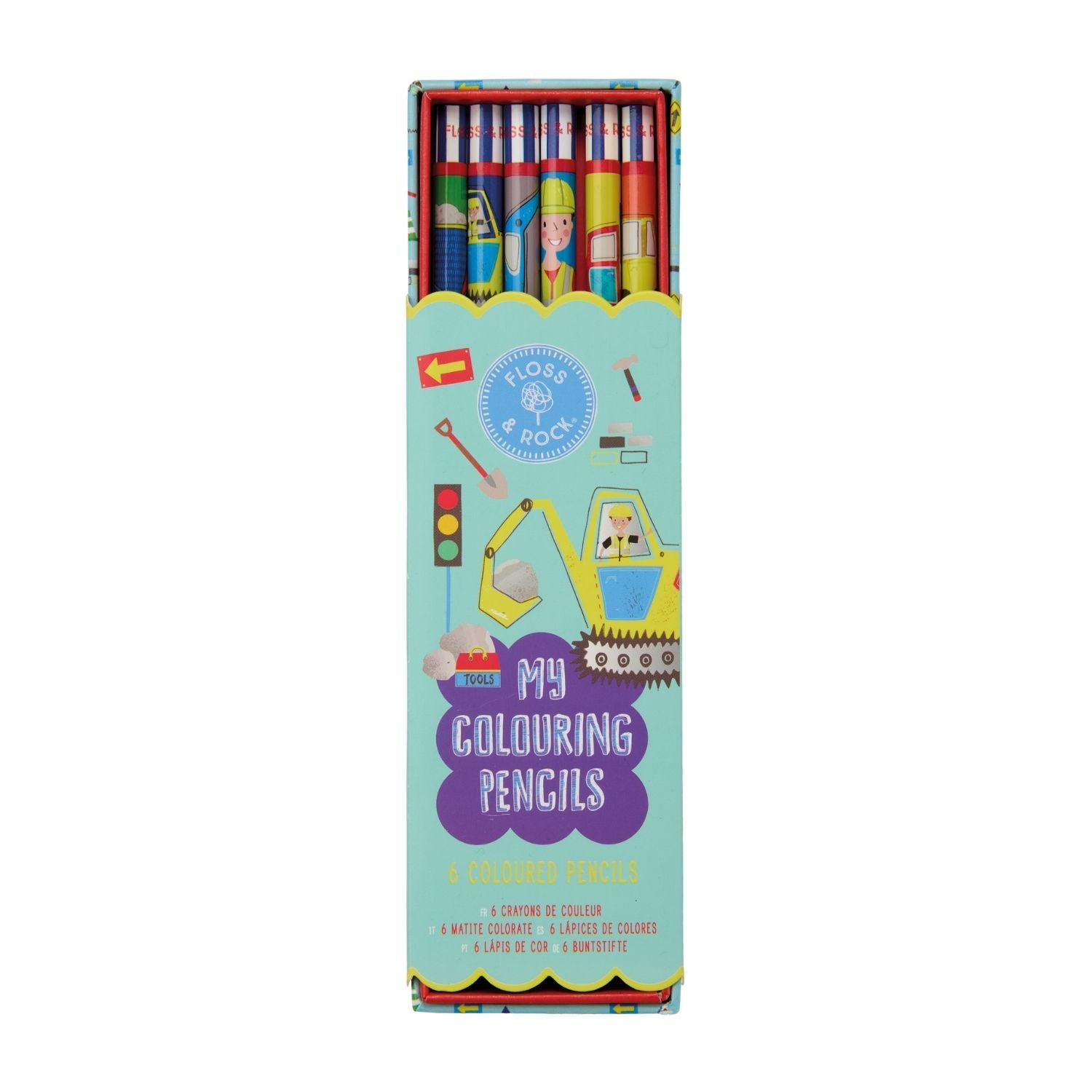 Vibrant kids' colouring pencils in a handy storage box. These 6 bright construction pencils are the perfect companion for our matching colouring books. Great for gift sets!