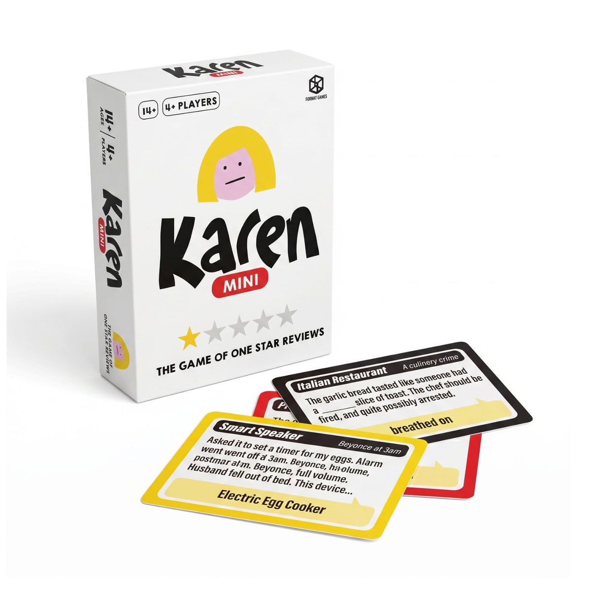 The Karen Mini Format Edition Game box and examples of the one star review cards