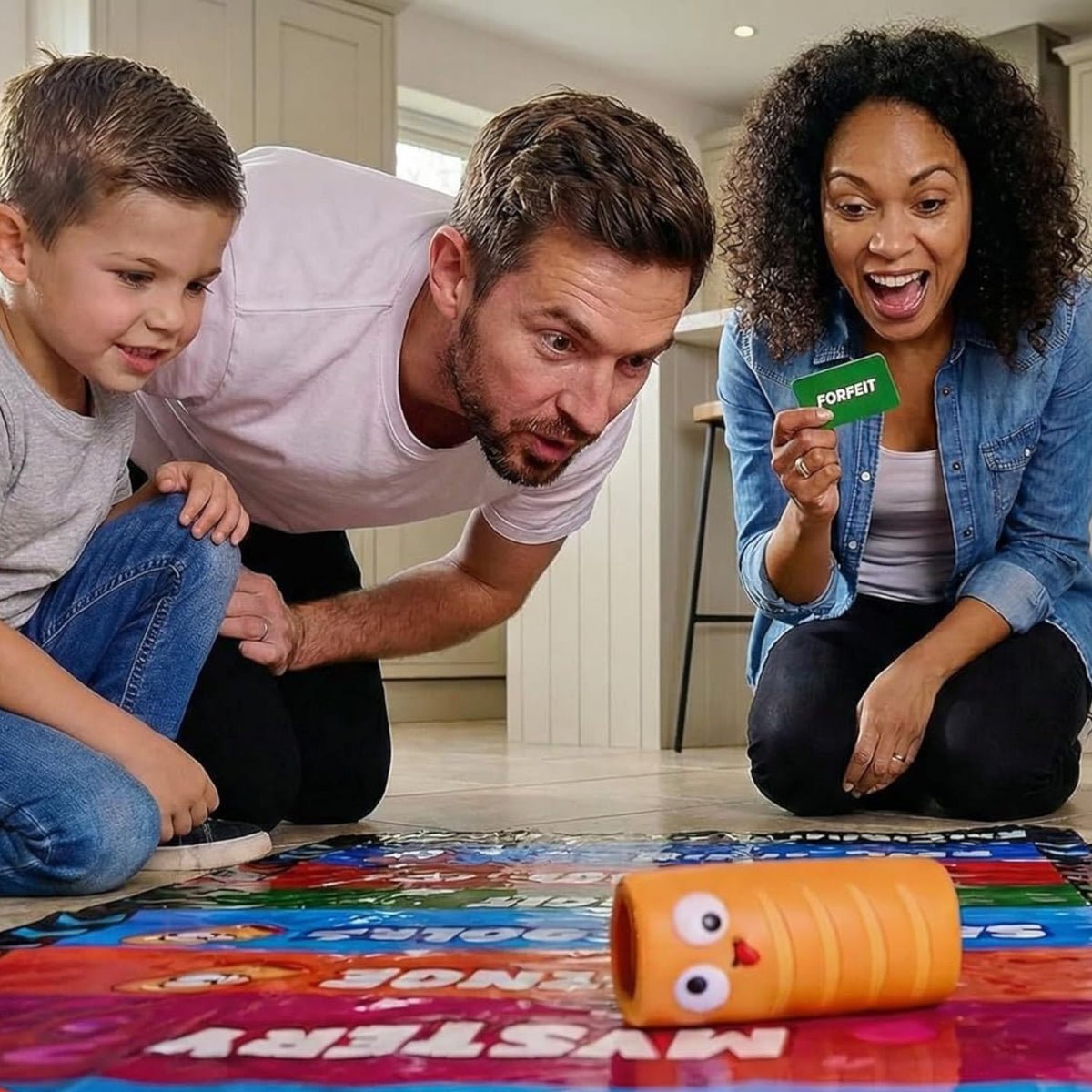 Family playing launching the squishy foam sausage down the long runway mat, aiming for the high-value scoring zones at the end.