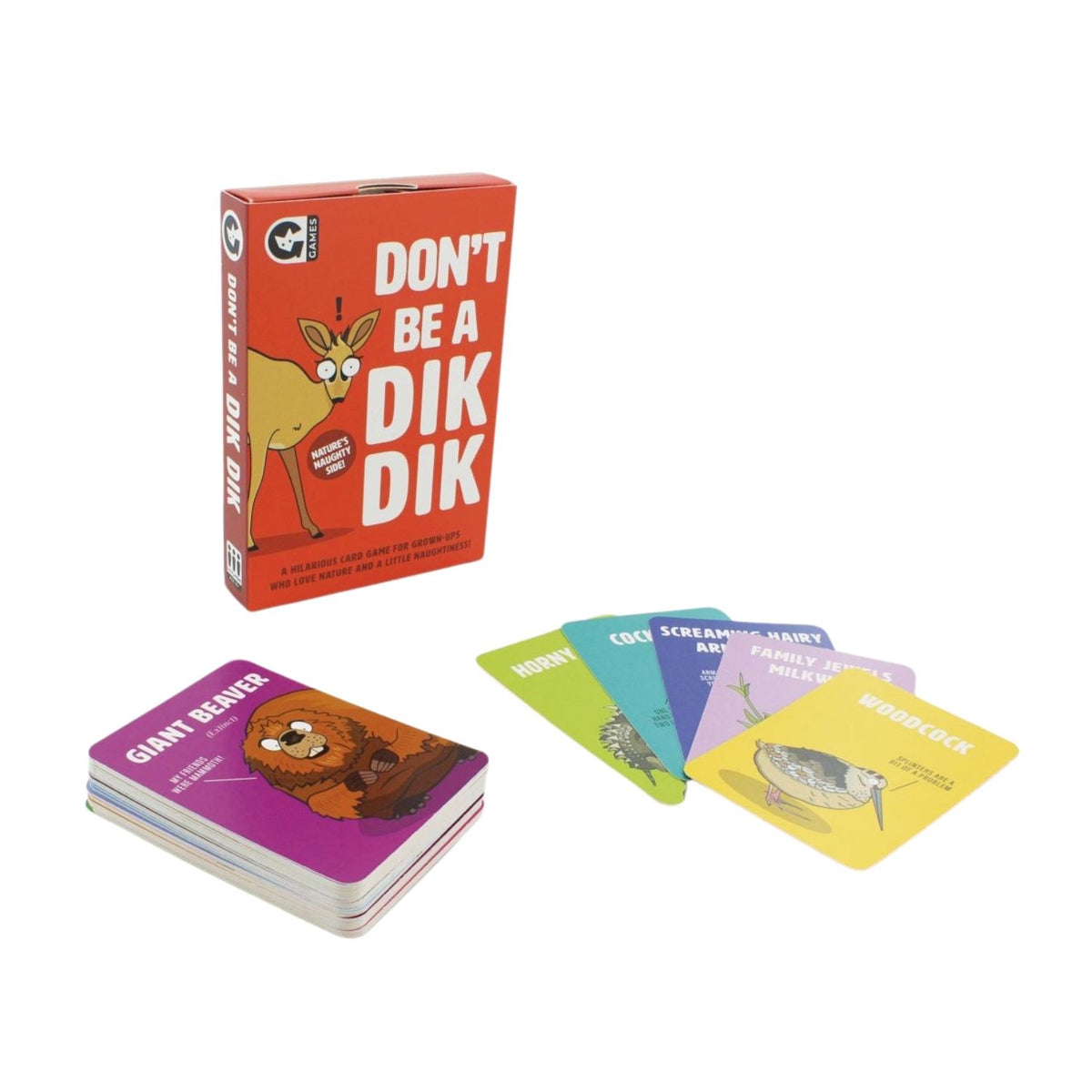 Card game packaging with cards featuring animal illustrations 