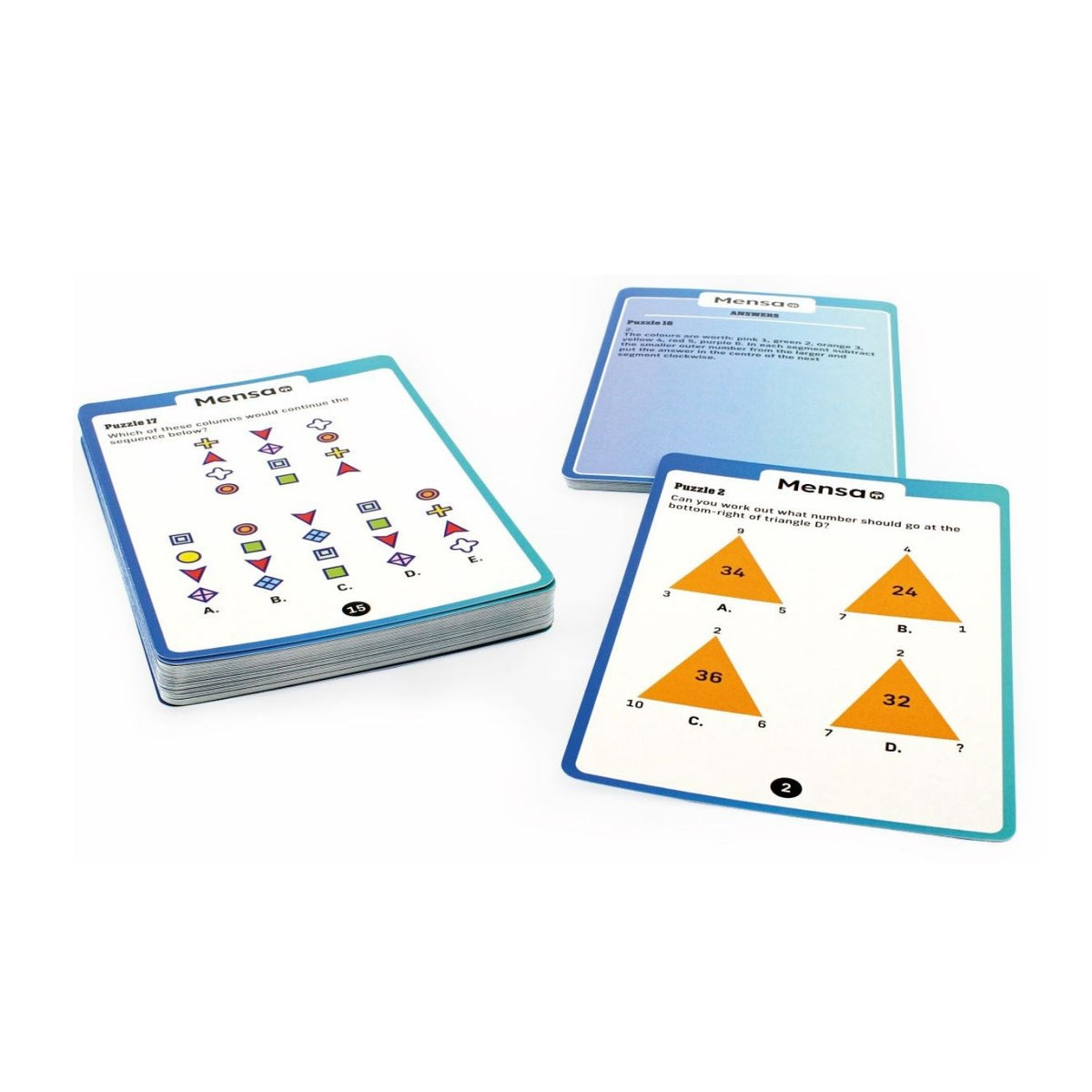 Mensa IQ test cards with geometric shapes and numbers 