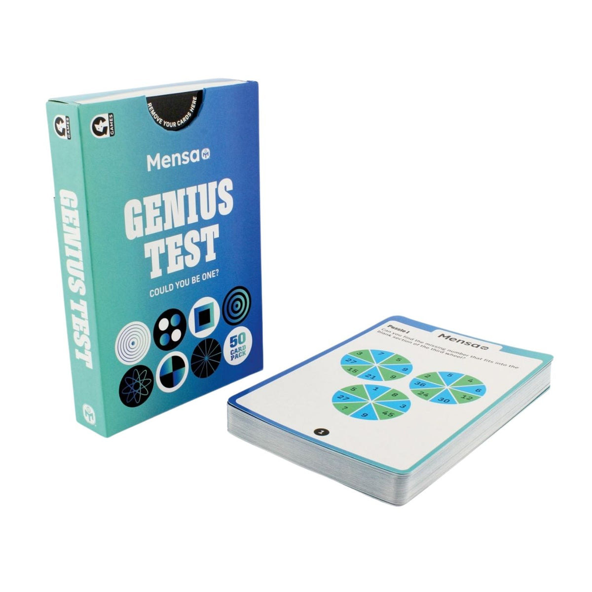 Mensa Genius Test packaging with a stack of cards
