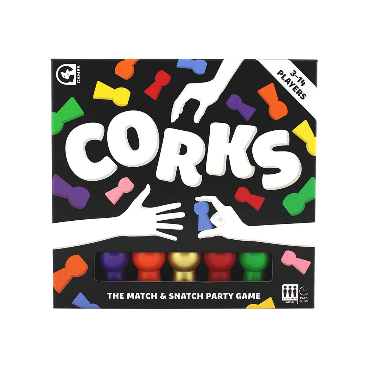 Board game box for 'Corks' with colorful corks and game pieces on a black background