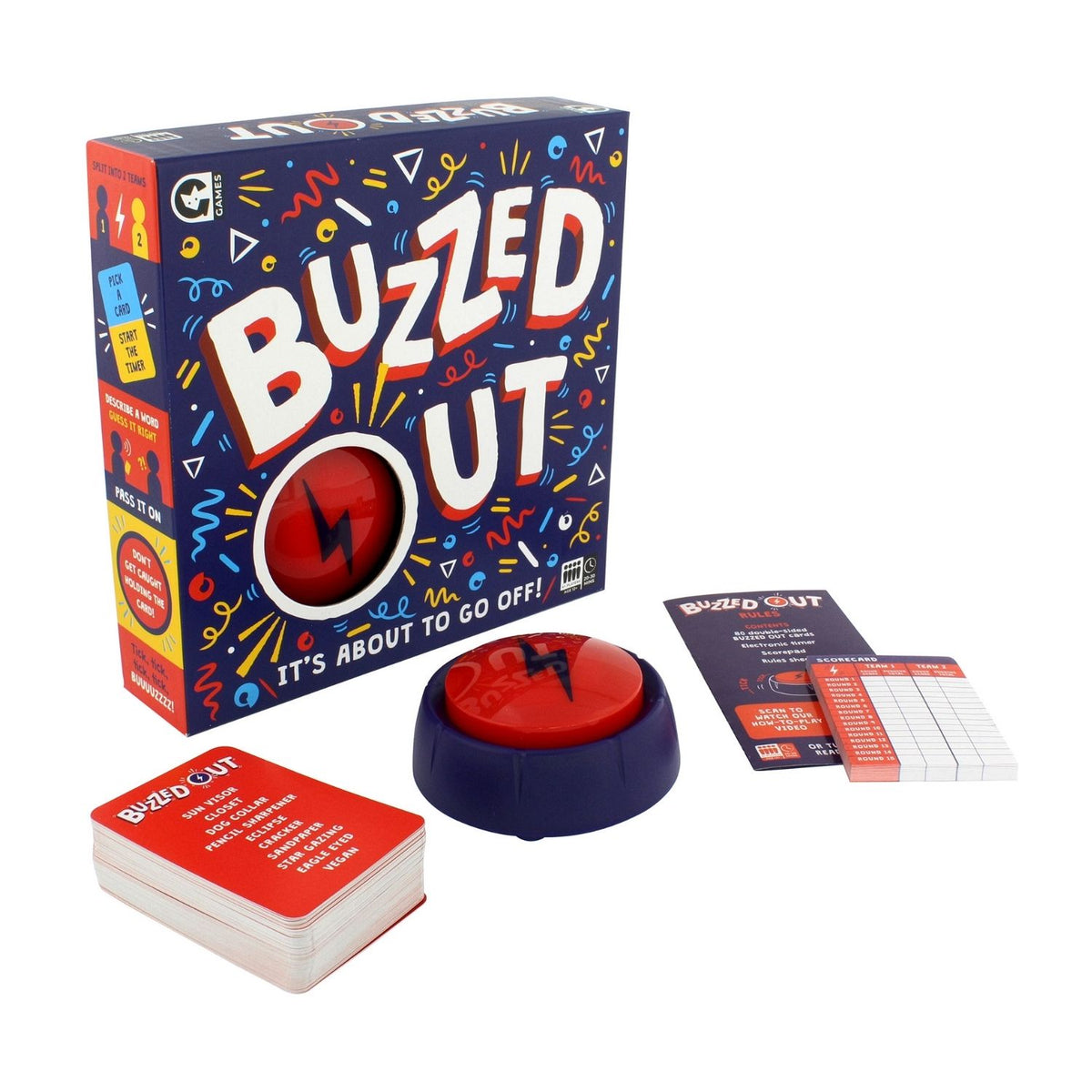 Buzzed Out game set with packaging, buzzers, and cards on a white background