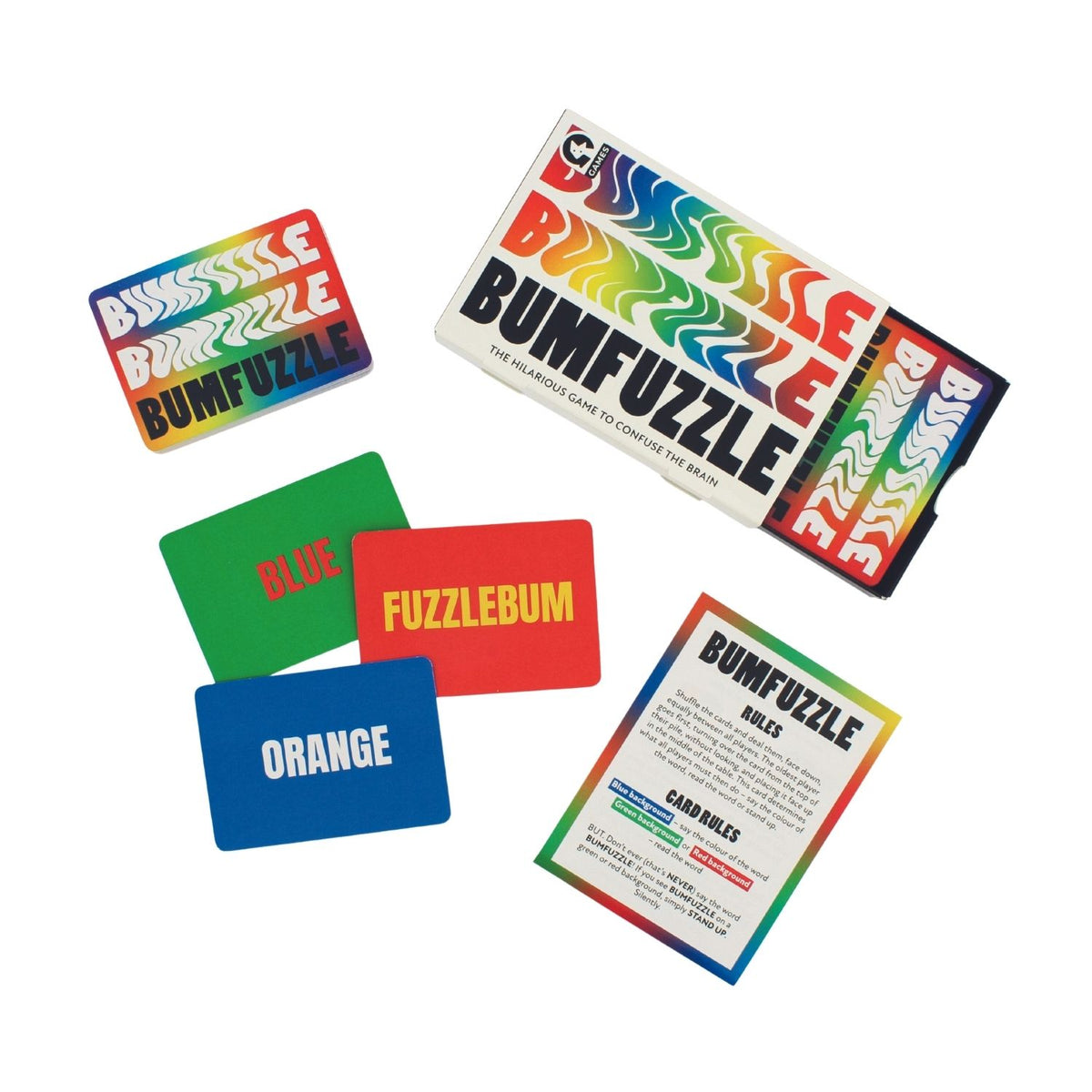 Colorful card game components with 'Bumfuzzle' branding o
