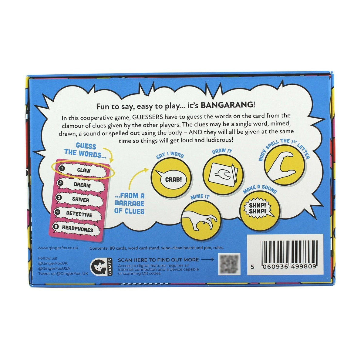 Back of a board Bangarang box with text and graphics, featuring colorful design elements.