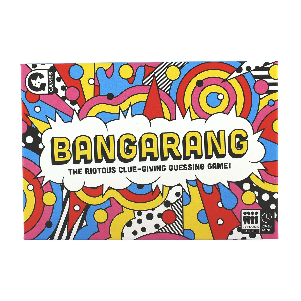 Colorful packaging of the game 'Bangarang' with abstract patterns and text.
