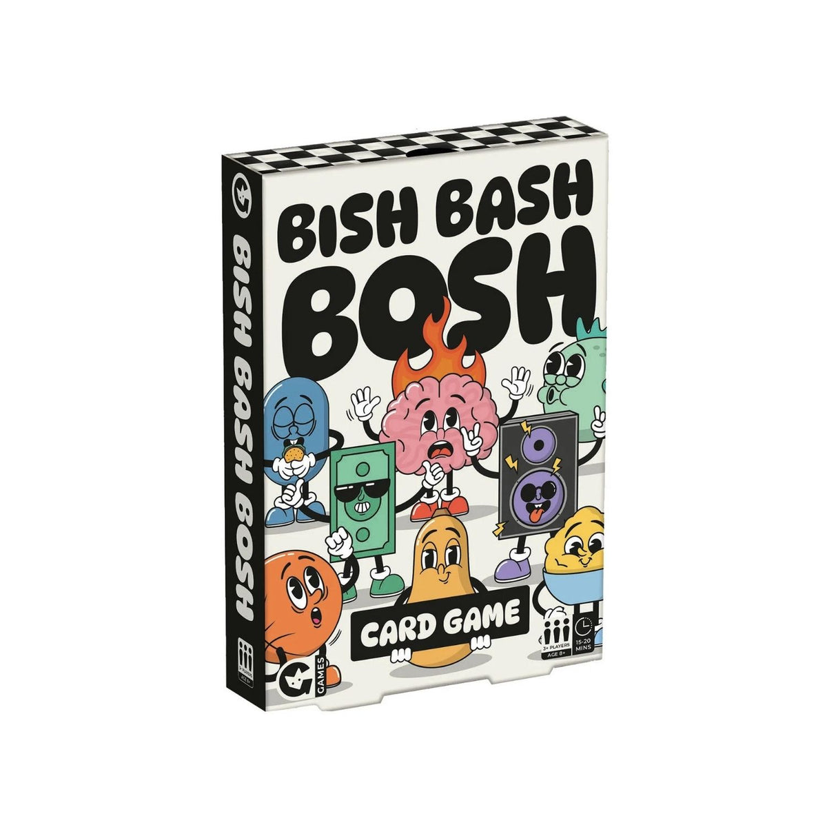 Card game box titled 'Bish Bash Bosh' with colorful character illustrations on a white background.