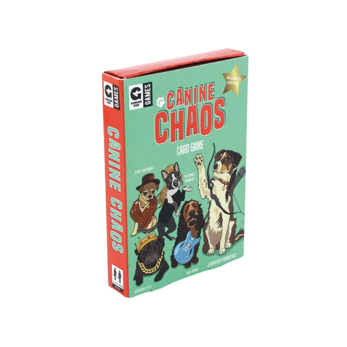 Board game box for 'Canine Chaos' with cartoon dogs on a green background