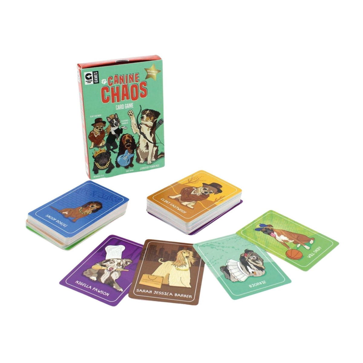 Card game set with colorful cards featuring cartoon dogs