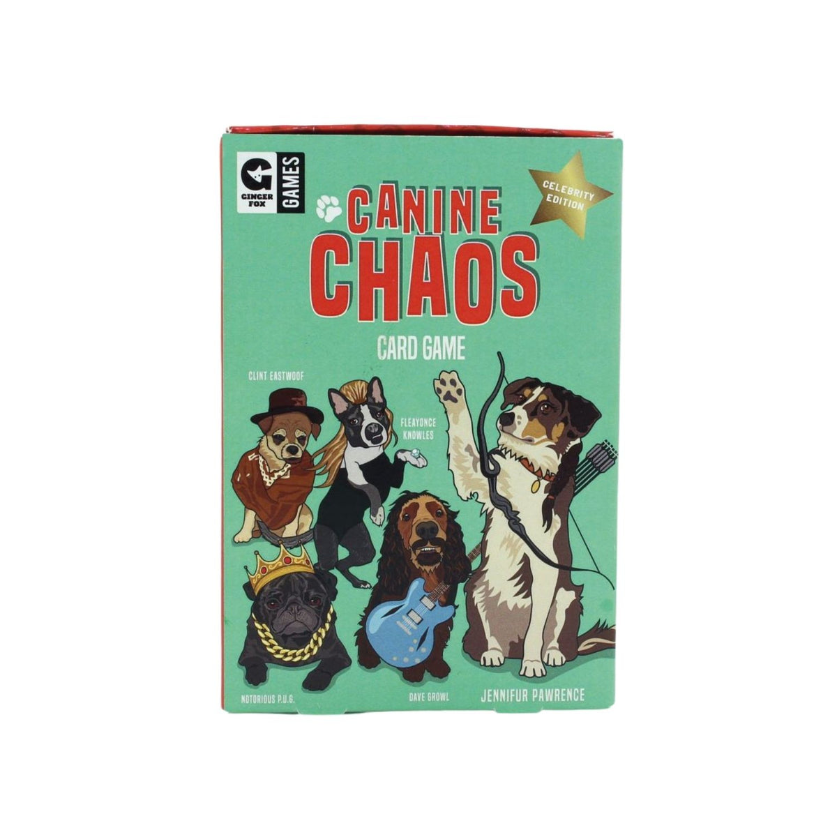 Card game box titled 'Canine Chaos' with illustrations of dogs on a green background