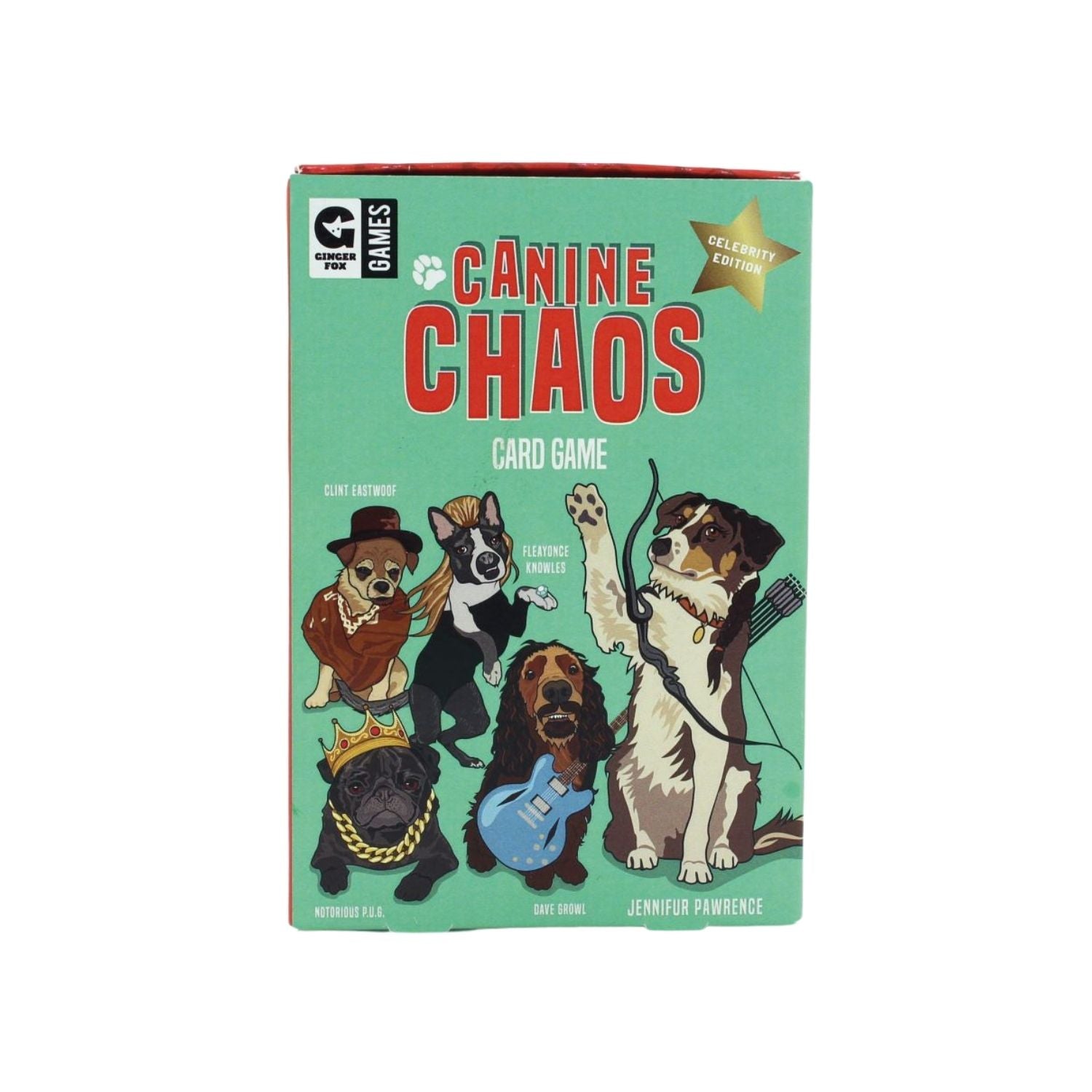 Card game box titled 'Canine Chaos' with illustrations of dogs on a green background