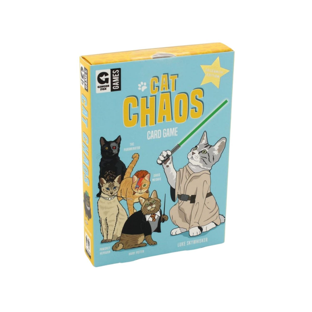 Box of 'Cat Chaos' card game with cartoon cats on a blue background