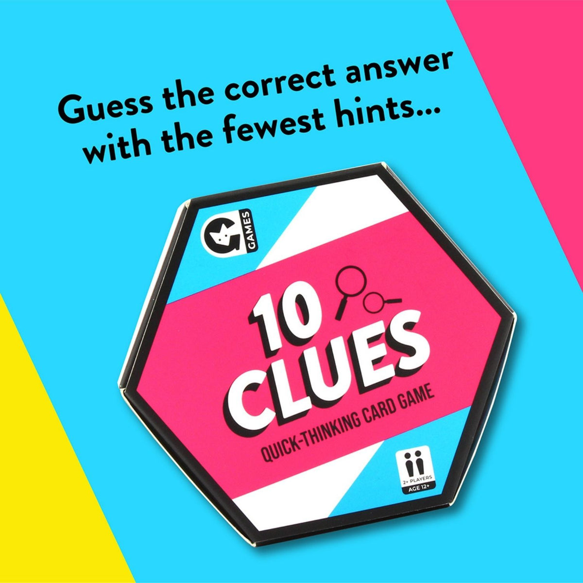 Hexagonal card game box for '10 Clues' with colorful background