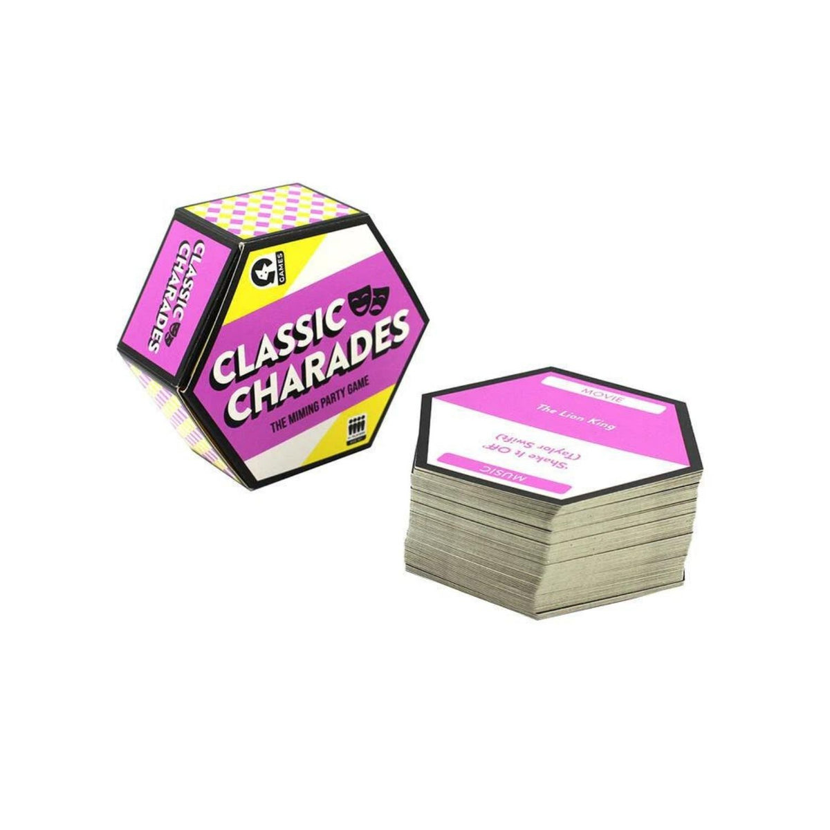Hexagonal box of Classic Charades game with cards on a white background