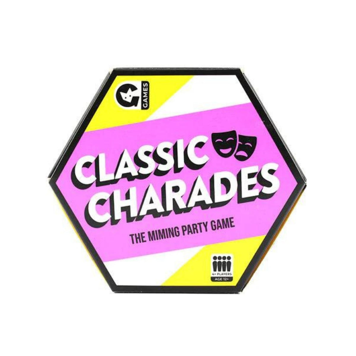 Hexagonal box of Classic Charades game with pink and yellow design