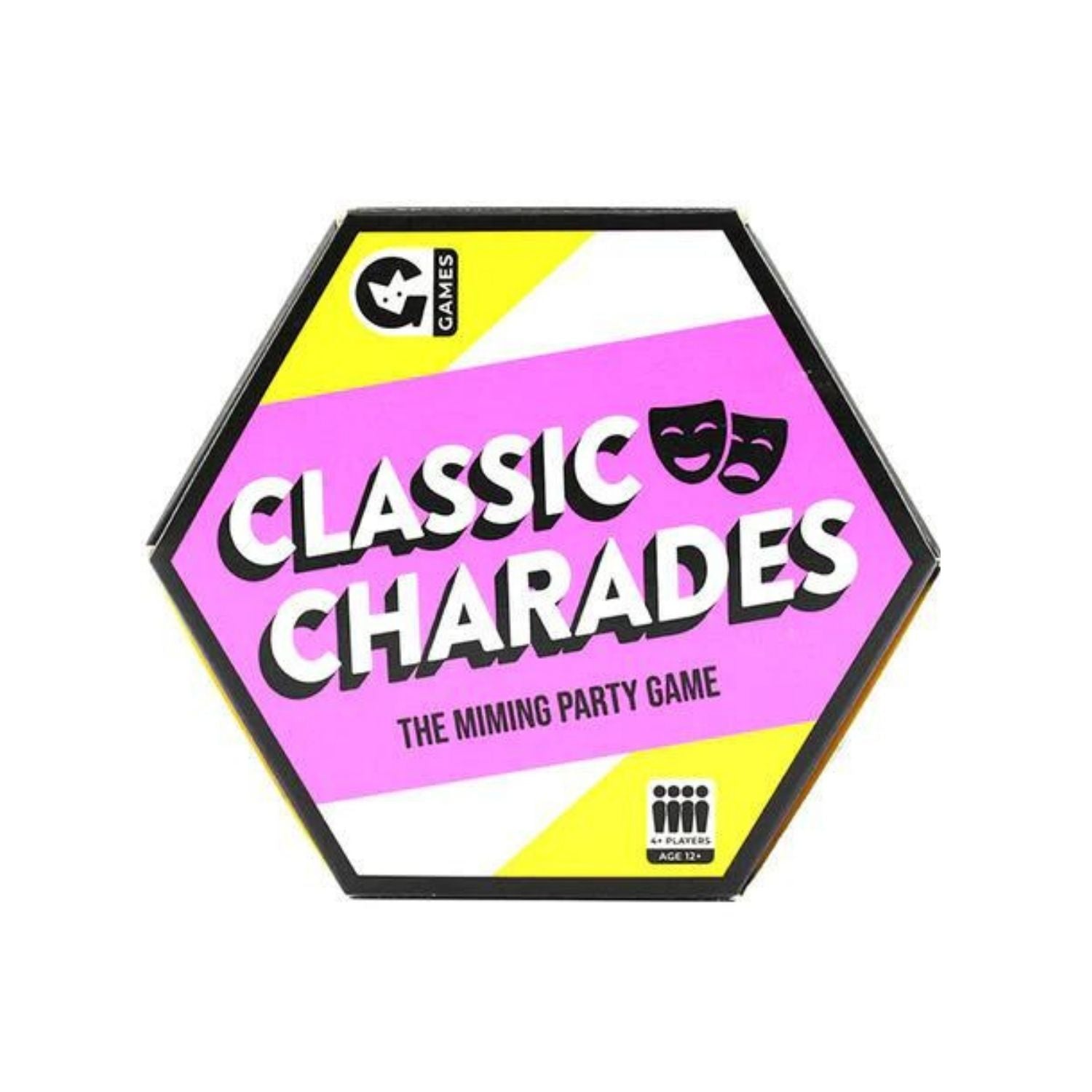 Hexagonal box of Classic Charades game with pink and yellow design