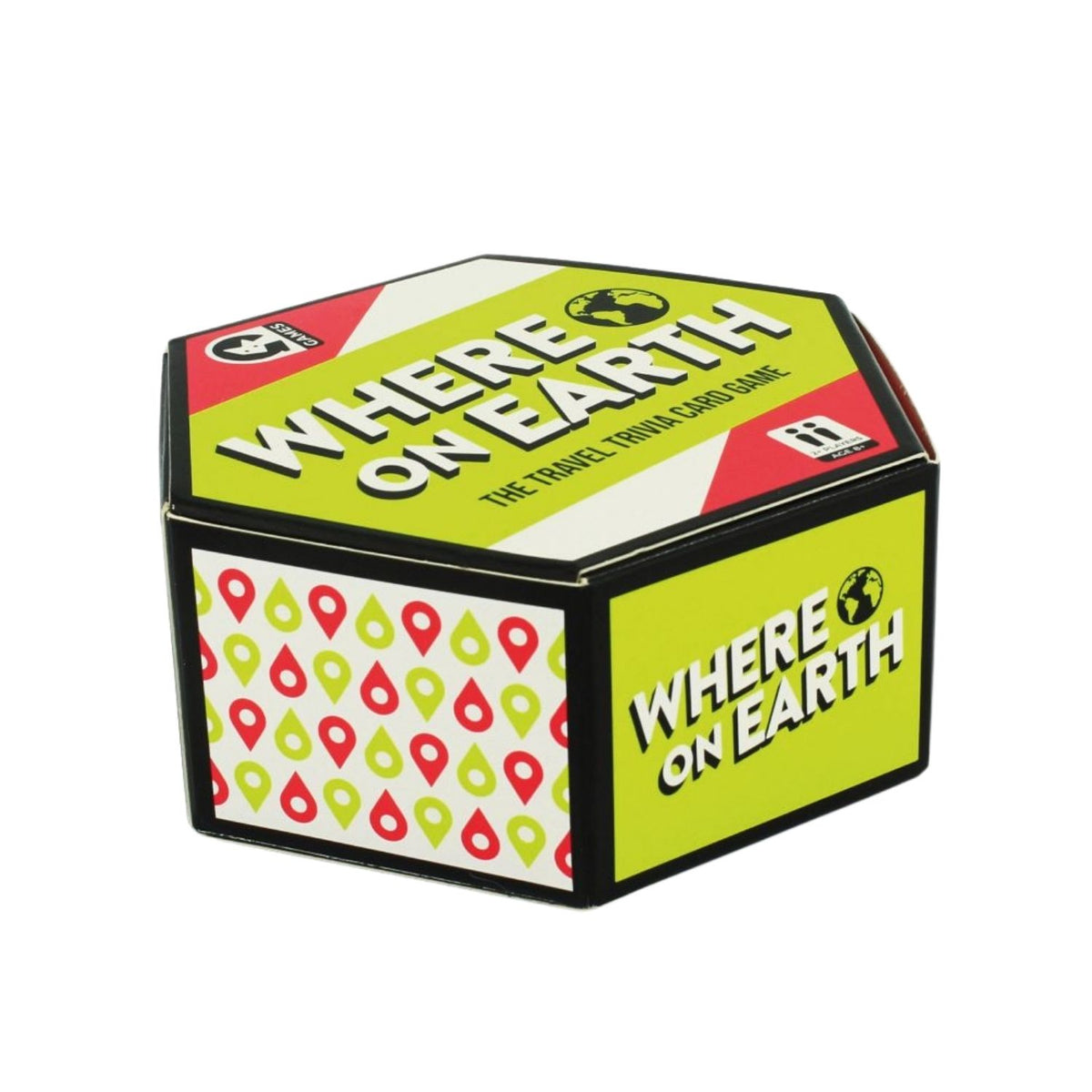 Hexagonal box of 'Where on Earth?' card game on a white background